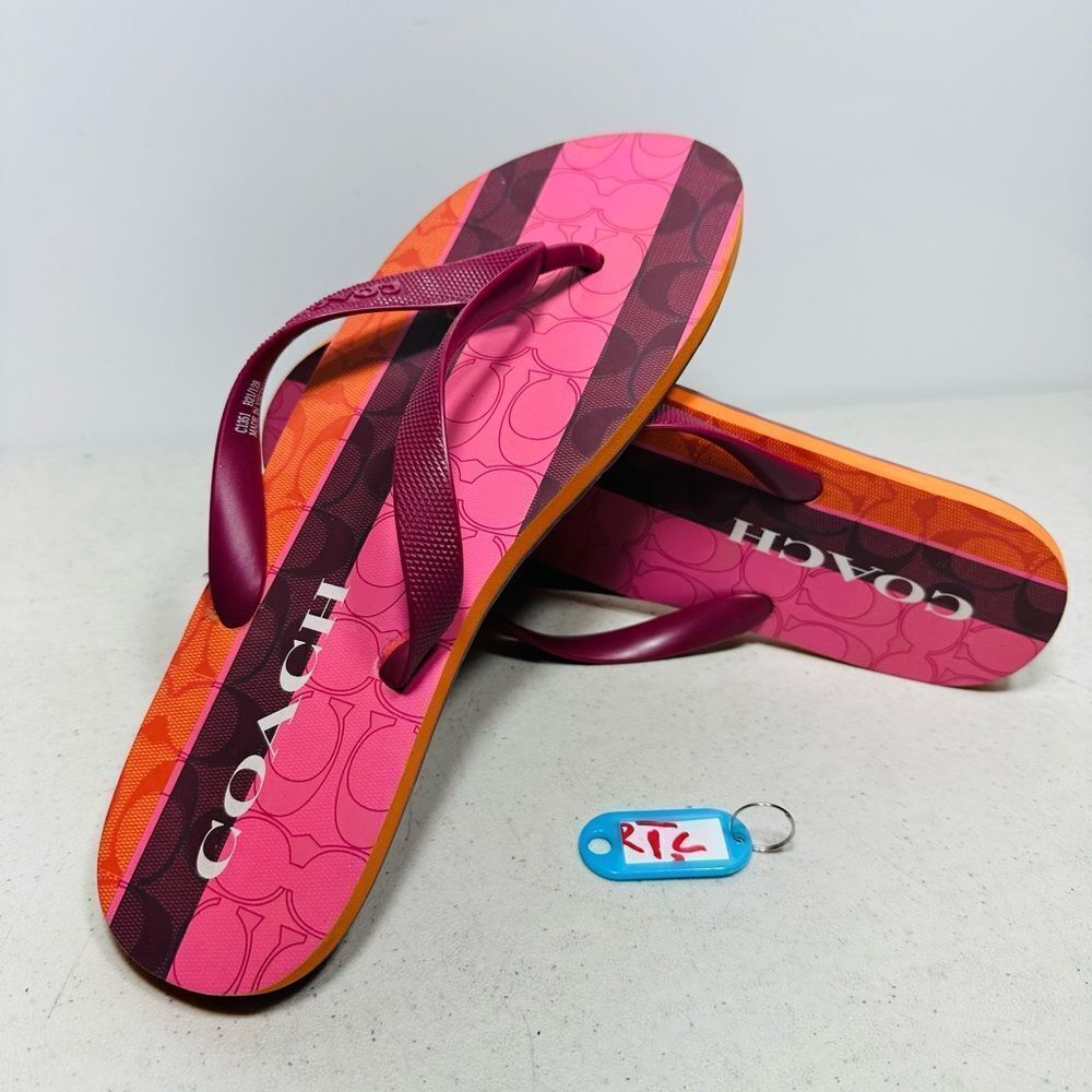 Coach Zak Signature Logo Stripe Flip Flop Sandals Select SZ 10 Burgundy